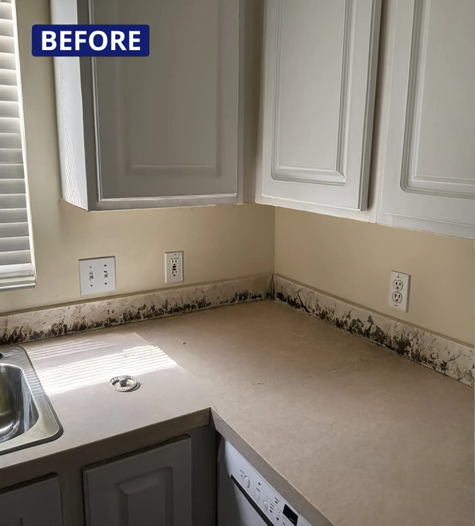 Before: mold along a kitchen counter seam