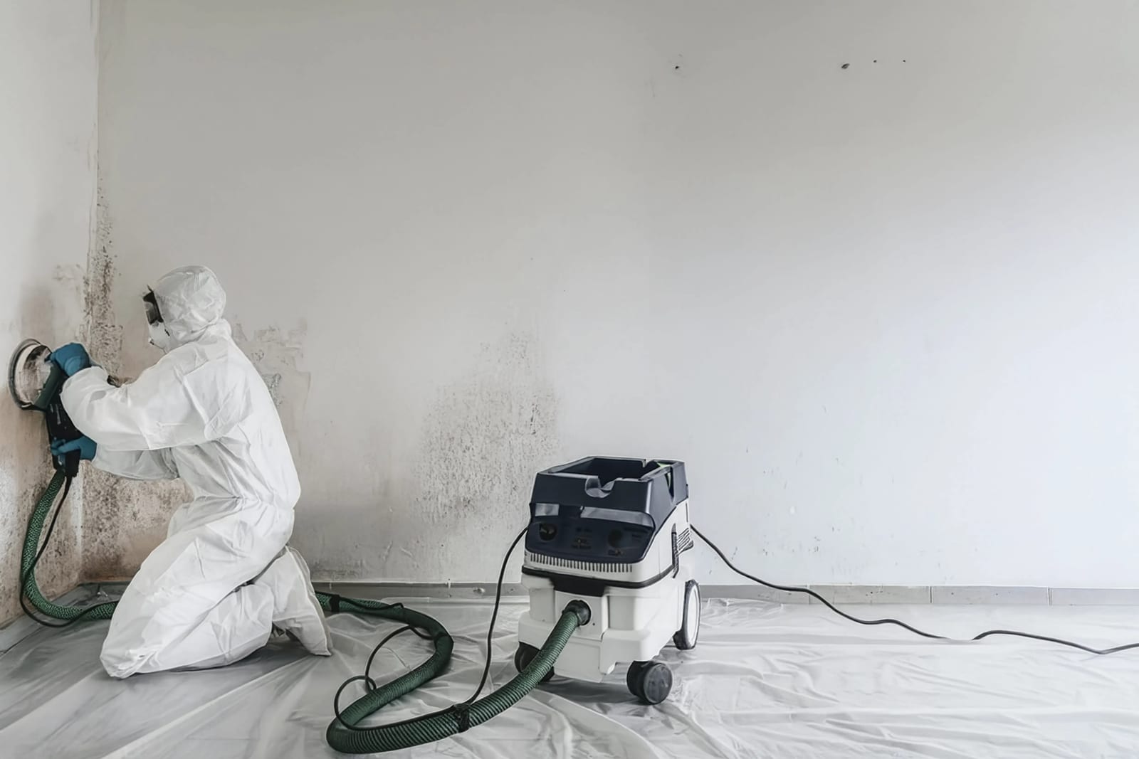 A technician sanding a mold-stained wall