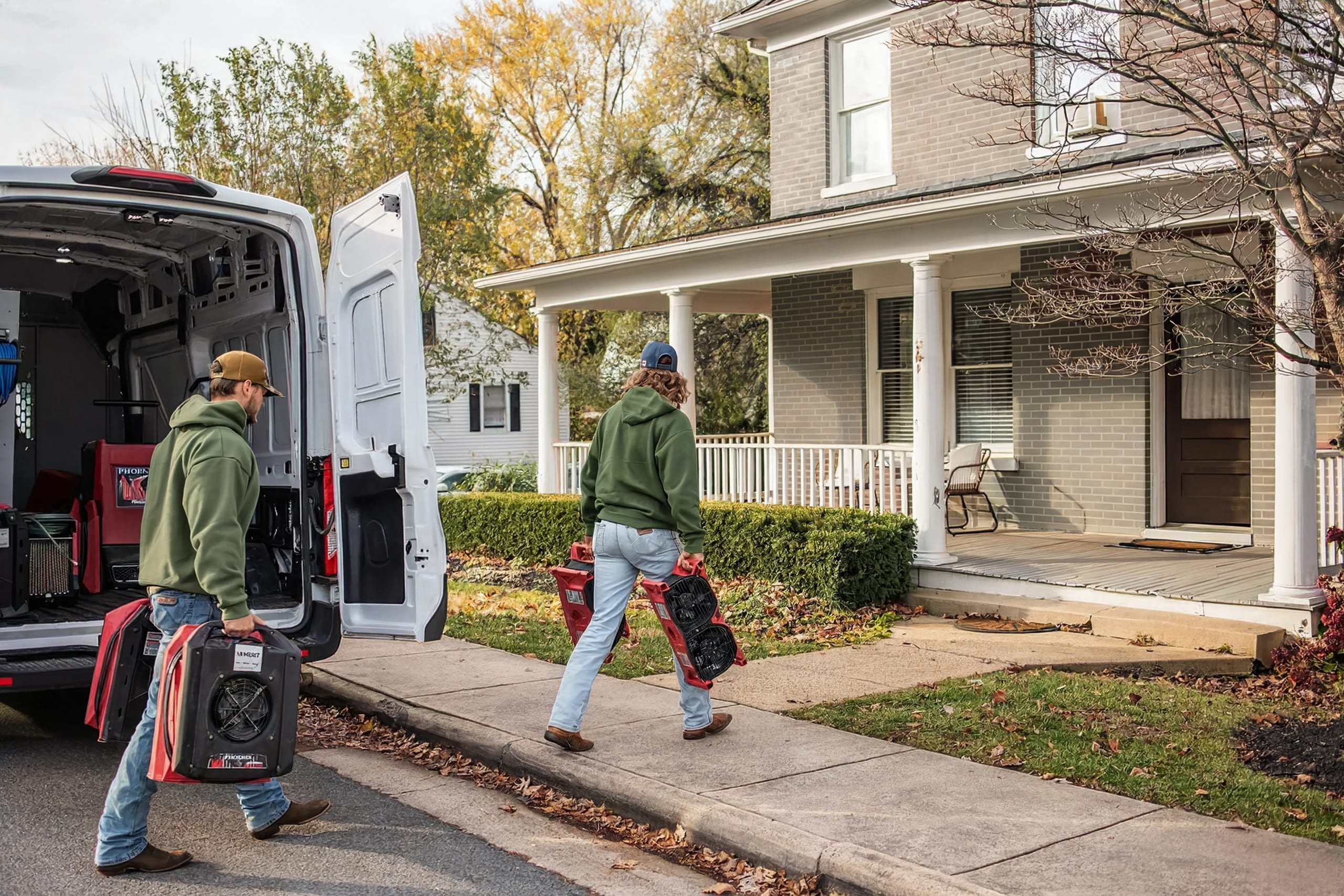 Two technicians carrying air movers from a van
