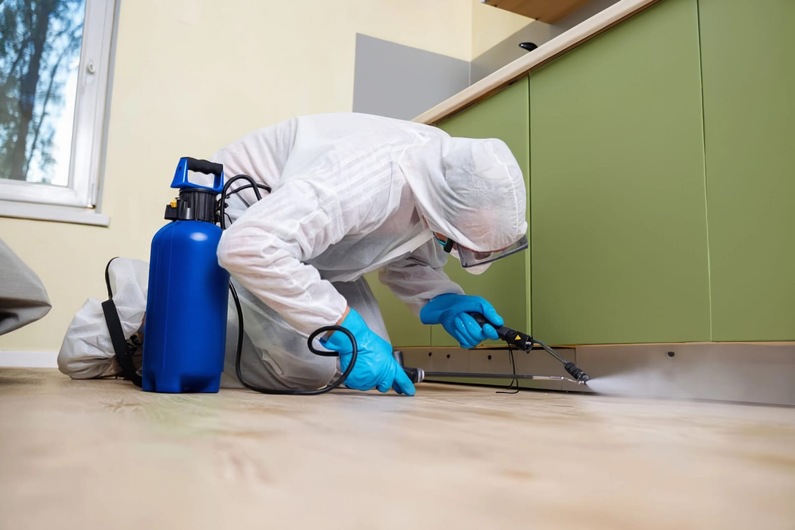 A technician applying treatment along a kitchen cabinet base