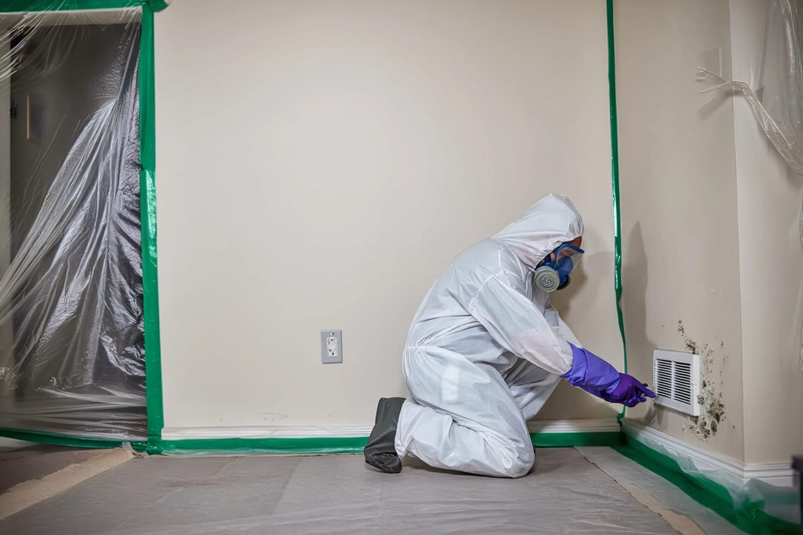 A technician in protective gear working at a wall vent
